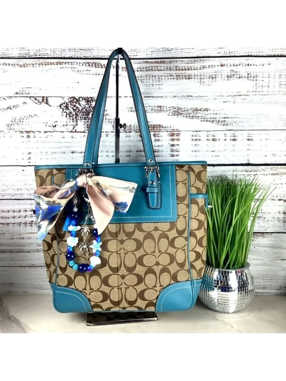 Coach Y2K Signature Gallery Shoulder Bag Teal Blue Tan Brown‎ Tote Leather Lapto